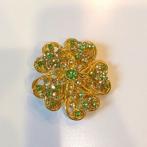 Green Rhinestone Flower Brooch